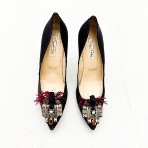 Oscar De La Renta Black Patform Adorned Feather Embellished Heel Size 40.5